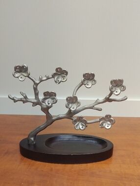Red Envelope Pewter on Wooden Base Flower Branch Jewelry Holder Made in India